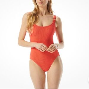 Michael Kors one piece swimsuit bathing suit orange Textured Logo strap rings 14